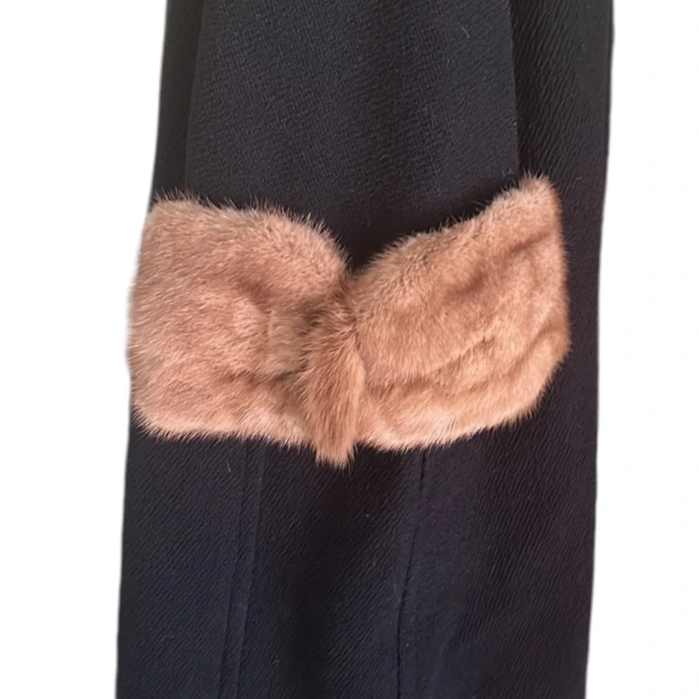 Vintage 60s Black Mink Long Fur Trim Collar Swing Coat Styled by Fenway - M